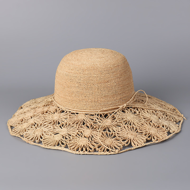 高档拉菲草手工绣花沙滩帽女士度假名媛浮夸大帽檐草帽镂空帽子