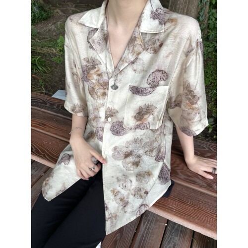 NOT UGLY 23SS 树纹肌理花瓣立体天丝薄宽松古巴领短袖衬衫男女