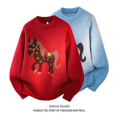 NOT UGLY圆领针织新年红小马提花高级保暖跨年情侣装毛衣