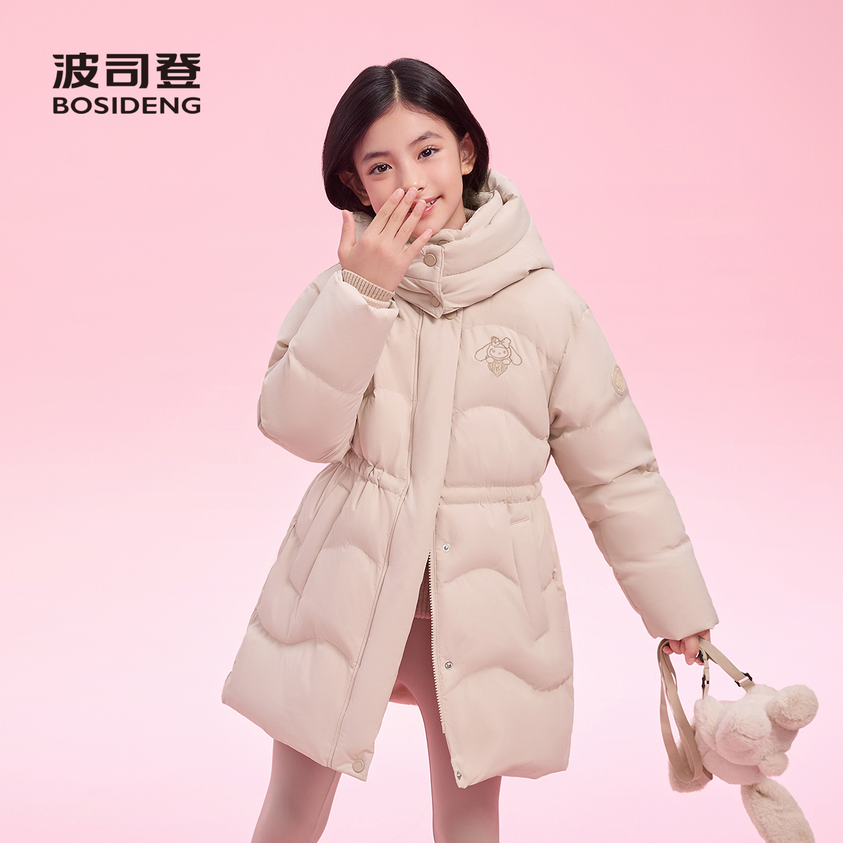 波司登卡通印花中长连帽羽绒服