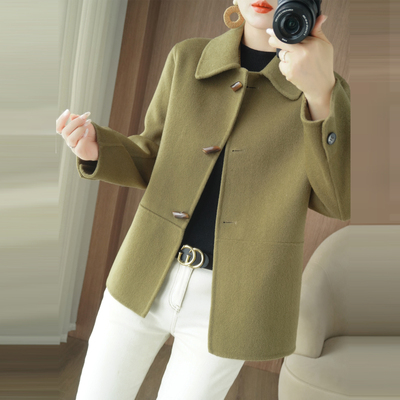 牛角扣双面绒羊毛大衣女短款小个子2025秋冬季新款学院风毛呢外套
