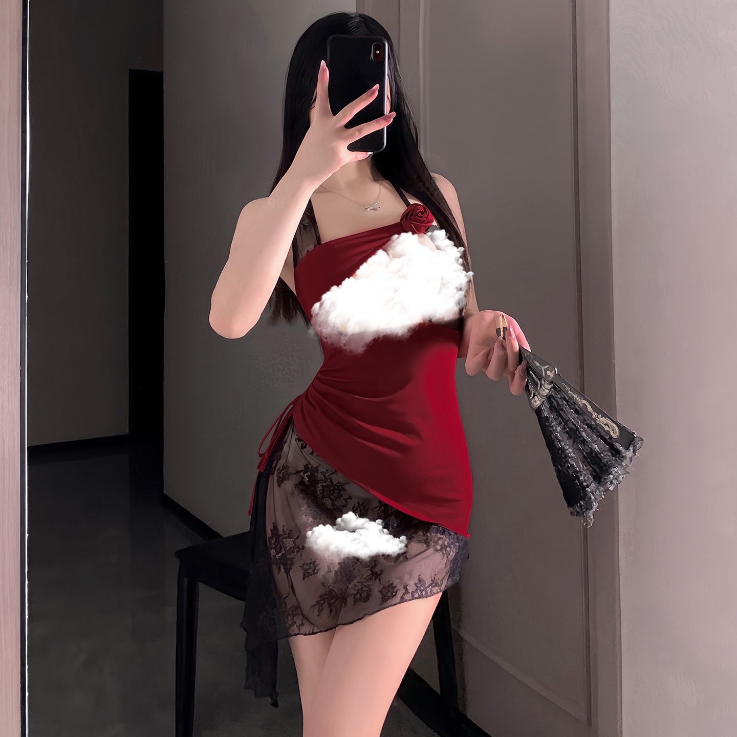 霏慕诱惑玫瑰挂脖透视连衣裙睡裙