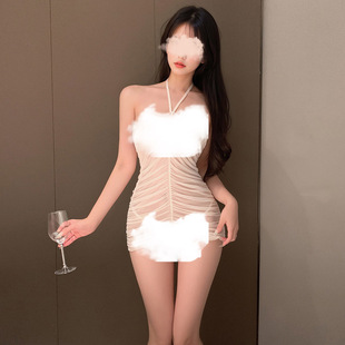 秋季 霏慕抽褶透视网纱裙睡裙女夏季 性感睡衣裙子纯欲风家居服裙子