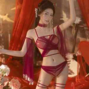霏慕宫羽珠饰红纱舞袖古风汉服女夏套装吊带古装超仙性感睡衣披帛