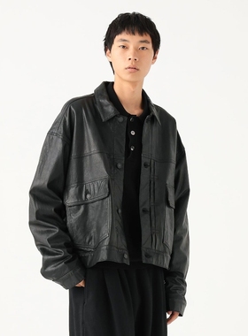 BEAMS Sheepskin Leather Jacket 25AW 复古褶皱短款机车羊皮夹克