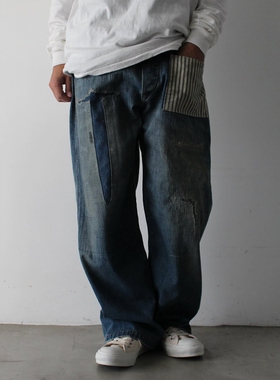 BOWWOW LAPD PRISONER DENIM AGING 25AW 复古做旧破坏补丁牛仔裤