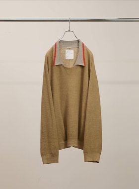 ANCELLM CONTRAST COLLAR KNIT26SS复古亚麻蕾丝镂空撞色船领衬衫