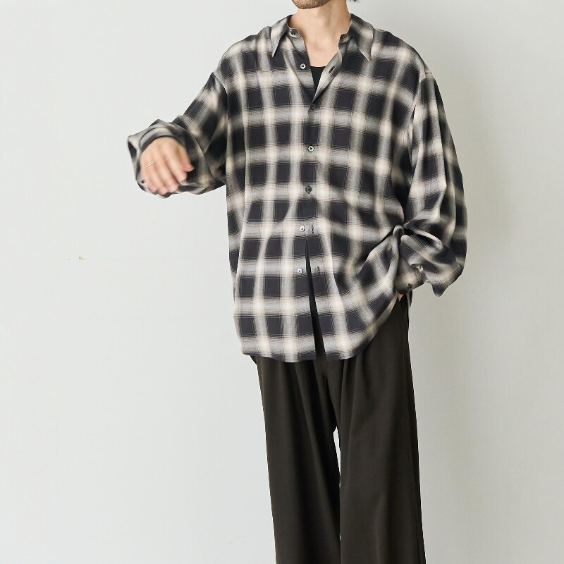 YOKE人造丝撞色格纹长袖衬衫
