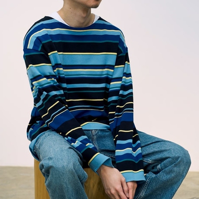 BATONER休闲彩色条纹长袖T恤