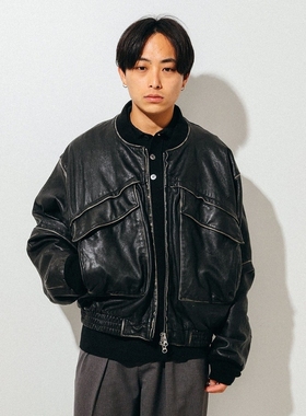 BEAMS Leather short blouson 25SS 复古做旧大口袋飞行羊皮夹克