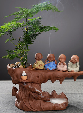 紫砂倒流香炉小和尚摆件熏香炉禅意高山流水家用檀香香薰炉线香插