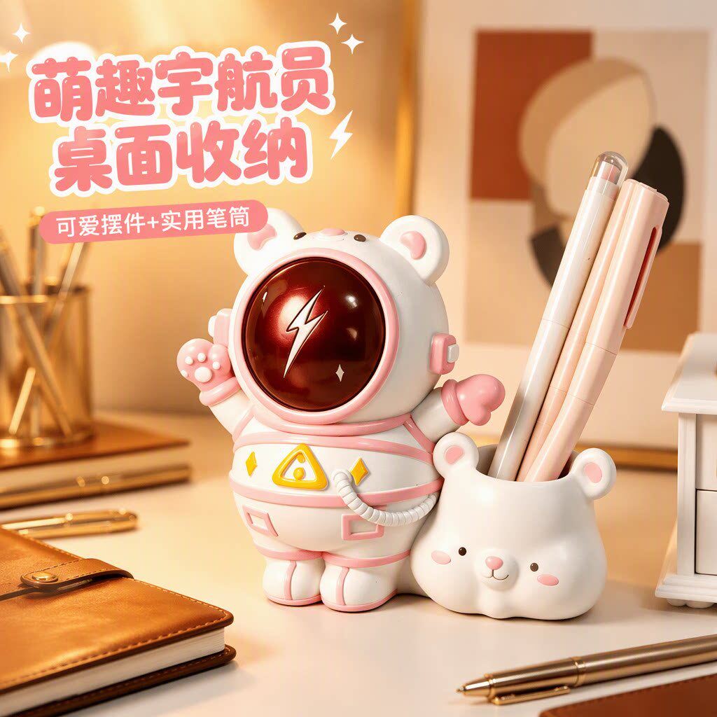 创意宇航员猫咪笔筒树脂摆件可爱学生桌面收纳盒办公室文具装饰品