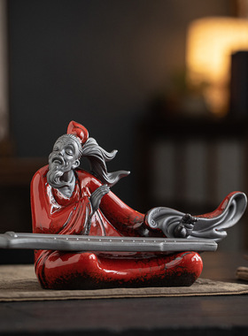 陶瓷禅意历史人物摆件伯牙抚琴钟子期雕像茶室桌面装饰品工艺品