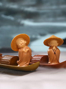 禅意沙弥小和尚汽车摆件治愈系办公室可爱摆件家居客厅装饰品中式