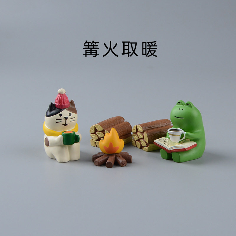 zakka杂货猫咪青蛙冬天篝火取暖微缩场景拍摄道具摆件树脂工艺品