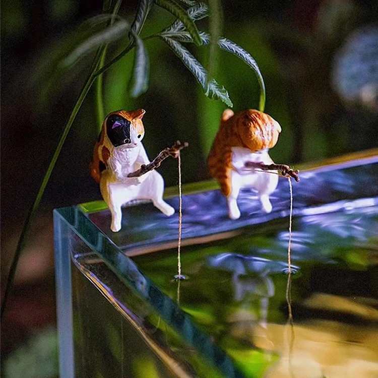 鱼缸钓鱼猫悬挂创意造景摆件桌面适用小猫钓鱼迷你微景观装饰品