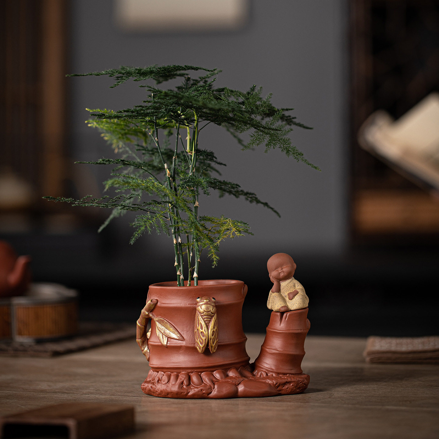 中式陶瓷小和尚盆栽绿植桌面摆件家居室内茶桌禅意文竹子盆景装饰