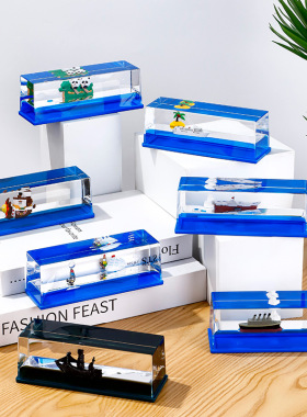 地中海风情轮船入油办公室摆件液体漂浮海盗船解压油滴帆船流体