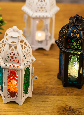 摩洛哥复古铁艺烛台摆件家居创意酒吧婚庆蜡烛彩色玻璃欧式风灯