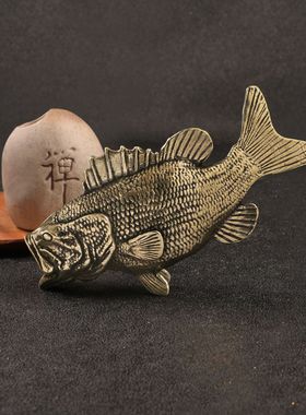 新中式仿古玩古董大嘴鲈鱼黄铜工艺品摆件霸气海洋大鱼摆设收藏品