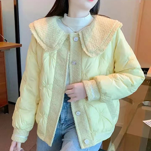 小香风羽绒棉服女纯色棉袄新款冬季时尚短款小个子显瘦娃娃领外套