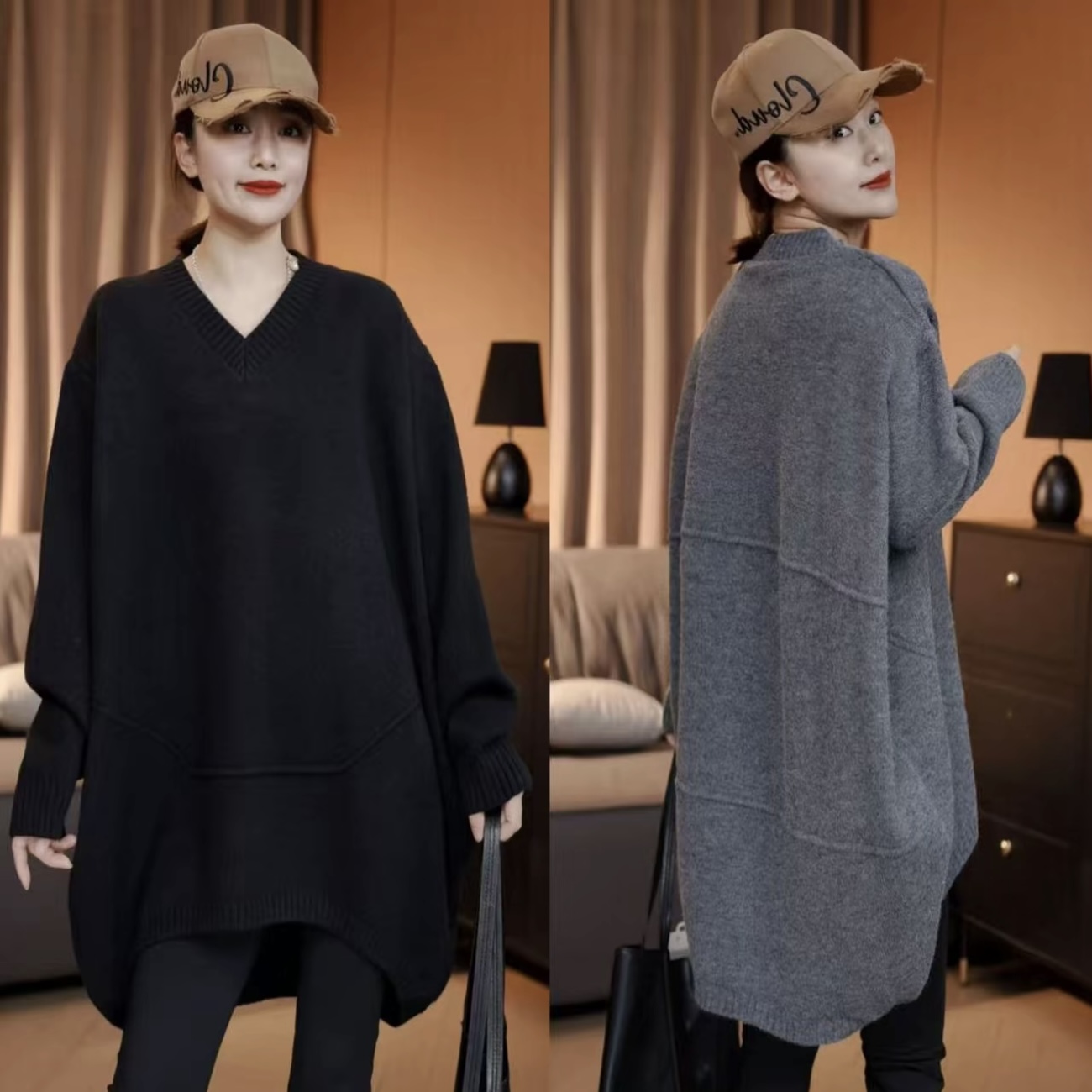 圆弧下摆宽松中长款V领毛衣女