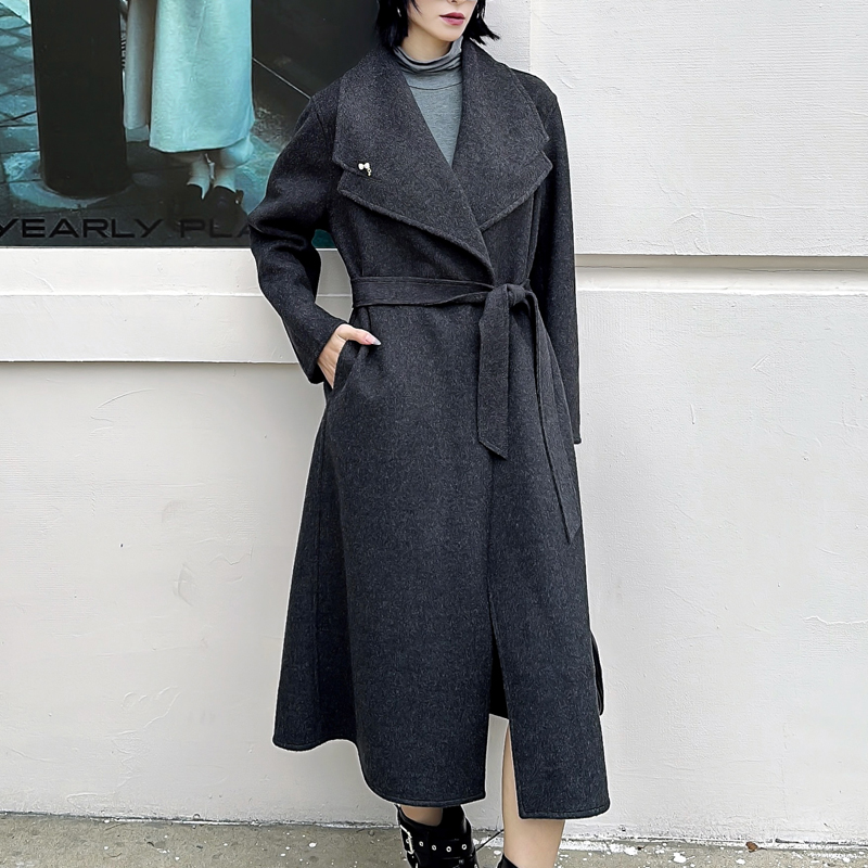 潮流双面羊毛呢大衣外套女2025年新款冬装气质中长款修身绑带上衣