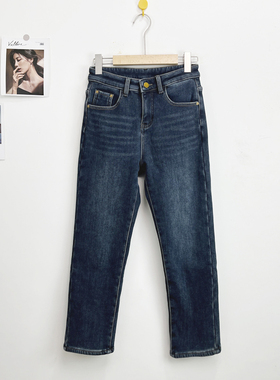 LALA牛仔裤女6A279冬季加绒蓝色烟管裤弹力高腰直筒裤显瘦九分裤