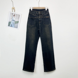 jeans加绒牛仔裤女0050冬季新款韩版百搭薄绒长裤欧货窄版阔腿裤