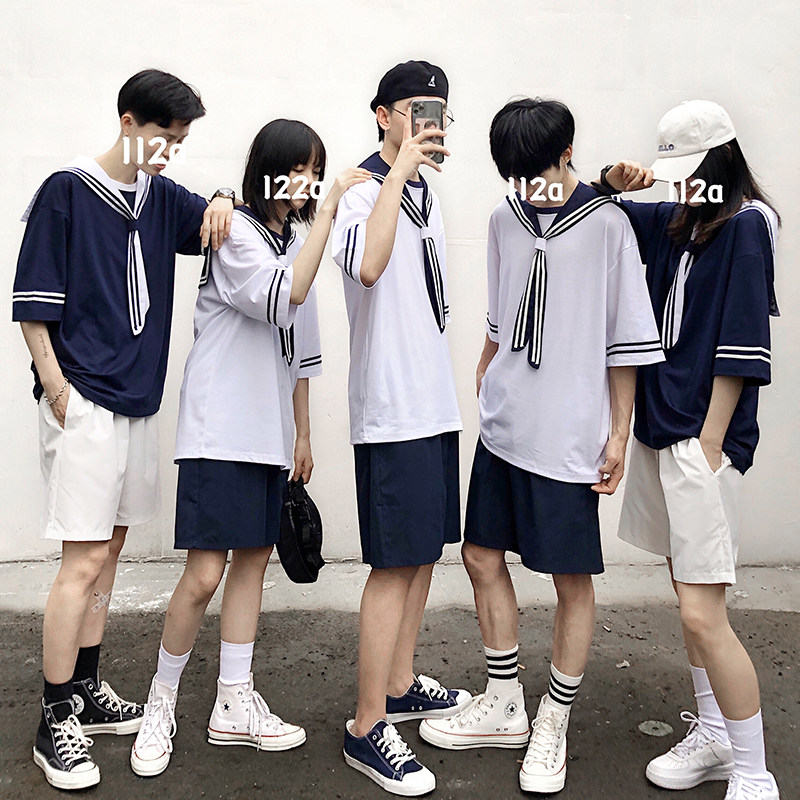 夏季毕业服纯棉短袖男水手服一套装情侣学生班服团体运动会队服女