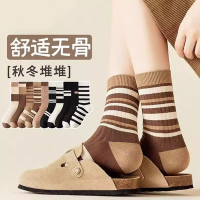 袜子女春秋冬款美拉德中筒堆堆袜条纹复古条纹设计感百搭中筒长袜