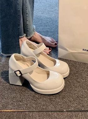 黑色浅口女单鞋新款粗跟气质高跟鞋一字扣带玛丽珍鞋潮2025春夏季