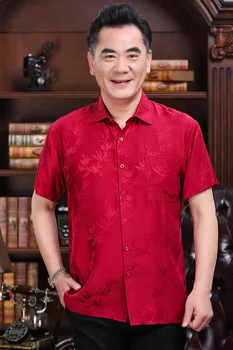 中老年男士桑蚕丝爸爸夏装老年人真丝短袖衬衫爷爷半袖丝绸衬衣男