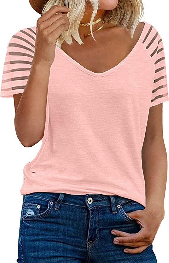 2021跨境亚马逊速卖通欧美夏季V领网衫纯色短袖休闲宽松T恤女218