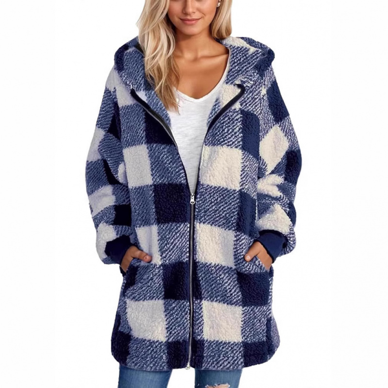 2024秋季新款拉链毛绒格子外套加