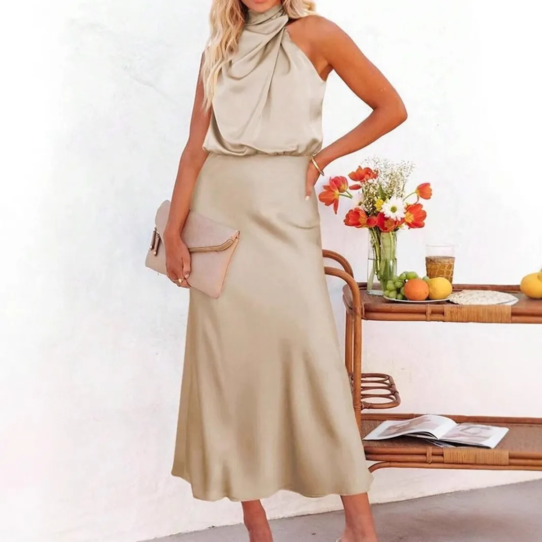 秋冬跨境外贸亚马逊长款缎面连衣裙 欧美女装新款无袖色丁长裙子