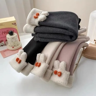 子 女宝宝一体绒羊羔绒外穿保暖裤 女童兔耳朵加绒打底裤 加厚秋冬季