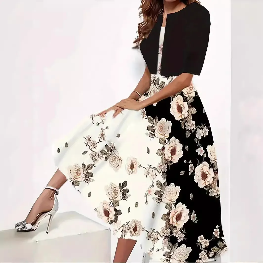 2023欧美亚马逊秋季新款女士长裙两件套花草印花圆领连衣裙外套女