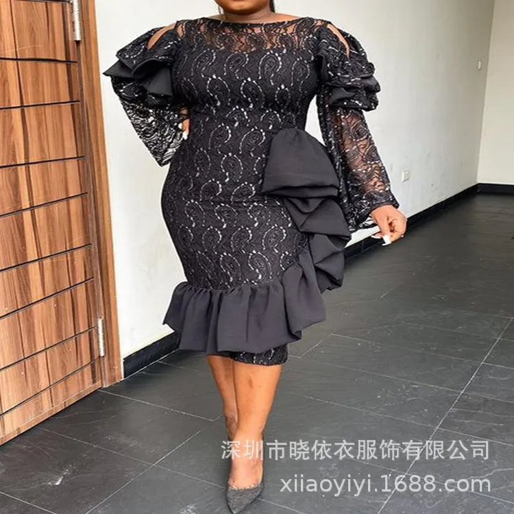 2021爆款跨境ebay欧美纯色蕾丝透析套头气质通勤旗袍连衣裙