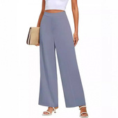 带口袋 松紧腰长裤 2024跨境欧美女装 纯色阔腿宽松舒适商务休闲正装