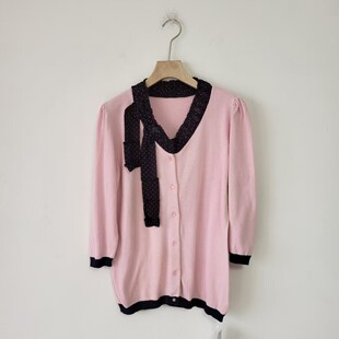 纯棉日单春秋季撞色蝴蝶结V领针织衫女七分袖修身假两件上衣毛衣