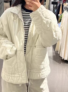 Z家美式复古休闲秋冬新款女装立领宽松口袋菱格棉服夹克英伦棉衣