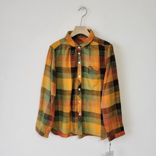 3款日单复古格纹衬衫女长袖立领单排扣宽松文艺学院风显瘦上衣