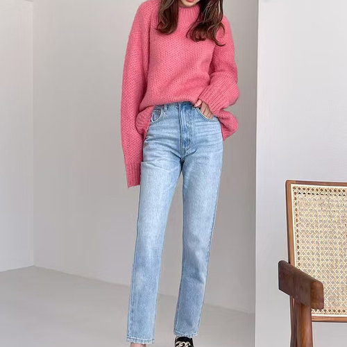 cu157a新款日单GRL时尚小脚裤牛仔裤显瘦高腰日系纯棉小个子9分裤