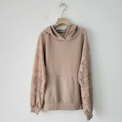 日单春秋季高级感蕾丝连帽卫衣女韩版显瘦宽松长袖套头休闲女上衣