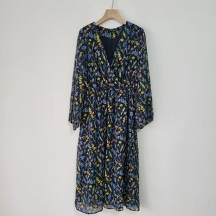 田园风V领收腰碎花连衣裙女长袖 法式 显瘦飘逸花卉裙 日单春秋季 5款