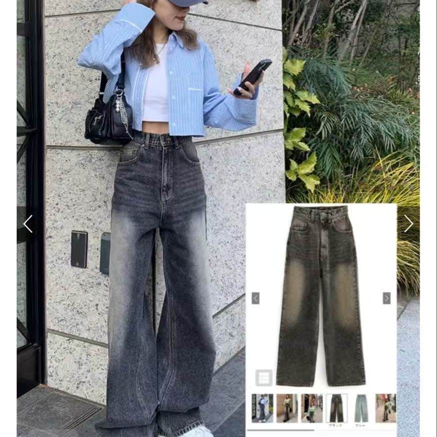 CU538GRL日单春秋季美式高街牛仔裤女复古新款裤子宽松显瘦直筒裤