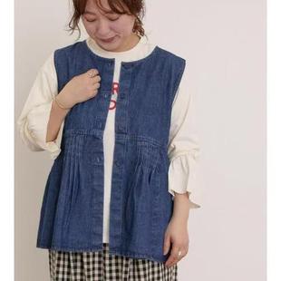 sm2日系森女复古风牛仔马甲女无袖 百搭显瘦马夹外套 圆领纽扣开衫