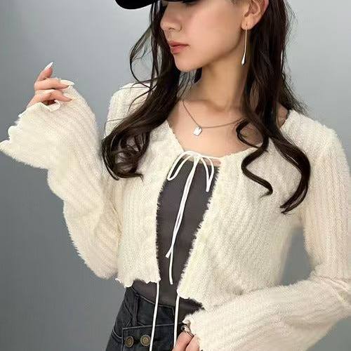 4色日单春秋新款法式复古针织开衫女蝴蝶结绑带设计感显瘦上衣潮