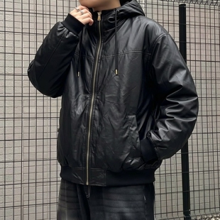 日单春秋季机车风连帽皮革夹克男黑色宽松oversize拉链PU皮男外套